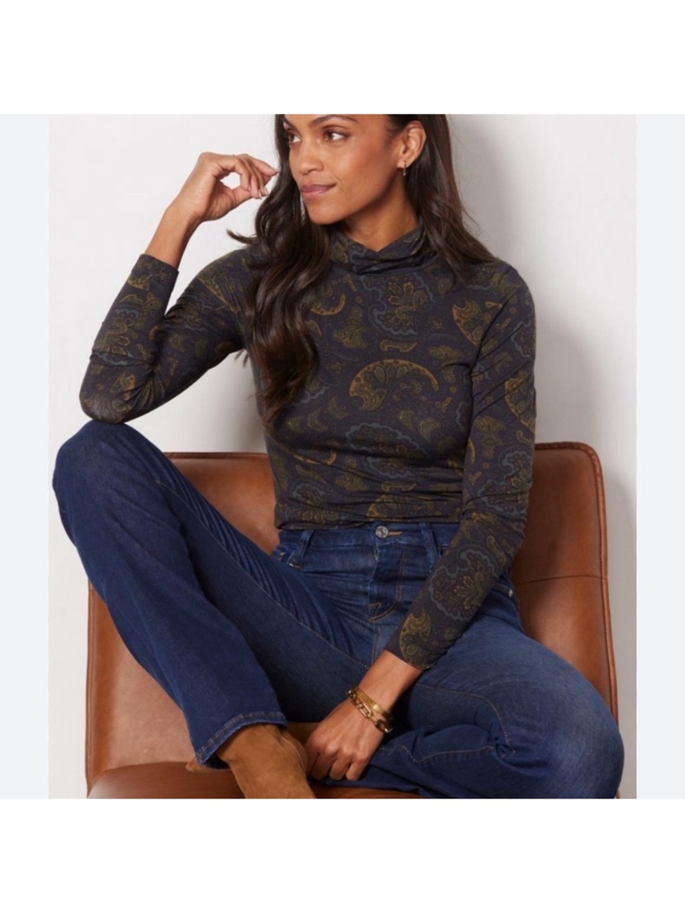 NWT Evereve Evergreen Cosmo Paisley Turtleneck Long Sleeve Tee Size Small